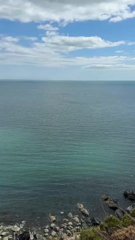 A wide shot captures a vast expanse of calm ocean under a partly cloudy sky. The water transitions from a deep, dark blue near the rocky shore to a lighter, turquoise green further out. The shoreline is rugged, with numerous grey and brown rocks visible, some partially submerged. Lush green vegetation, including dry grasses, grows along the edge of the cliff overlooking the water. The horizon is a clear, straight line separating the sea and sky. The clouds are white and fluffy, scattered across a pale blue sky. The overall scene is tranquil and natural, with no people or man-made objects prominently featured.