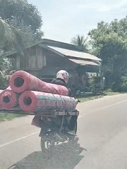 Motorcyclist transports rolled mats on Indonesian road