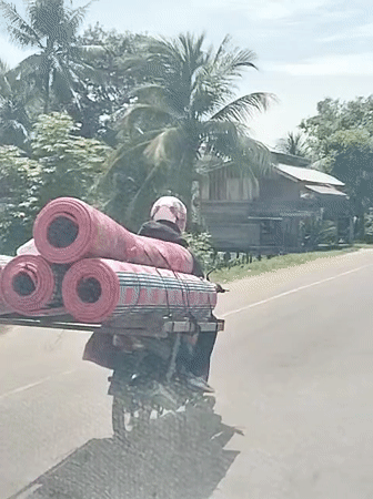 Motorcyclist transports rolled mats on Indonesian road