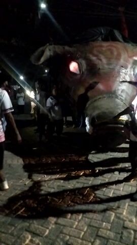 The video is dark and grainy, appearing to be filmed at night. It shows a large, vaguely animal-shaped effigy, possibly for a festival or celebration, that is being moved or handled by several people. The effigy is white with some red markings and appears to have glowing red elements in its head area. People are seen pushing and pulling the effigy, and some are interacting with it directly. The environment appears to be outdoors, with a brick or stone wall visible in the background. There are lights present, possibly from streetlights or flashlights, but they are dim and create harsh shadows. The overall impression is of a lively, perhaps somewhat chaotic, scene involving the preparation or transportation of a large festive object.