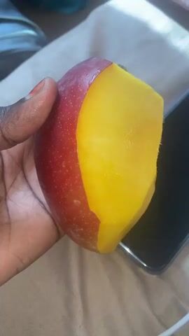 A hand with dark skin is holding a mango that has been partially peeled, revealing bright yellow flesh. The mango peel is a speckled red. The hand is slightly clenched around the mango. In the background, there is a smartphone and some wrinkled white fabric. The lighting is bright.