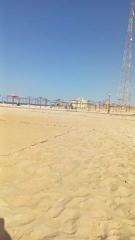 The video captures a panoramic view of a wide, sandy beach at Stella Heights Village, Egypt, under a clear, bright blue sky. The camera pans slowly from right to left across the landscape.

In the foreground, the light-colored sand is marked with footprints, a rope, and the shadow of the person filming. Moving towards the mid-ground, a beach volleyball net with wooden posts is visible. Beyond the net, numerous wooden poles are interspersed across the sand, leading towards the distant sea, which appears as a calm blue line on the horizon.

In the background, several beach umbrellas and sun loungers are set up, along with a building that appears to be part of a resort. At the beginning of the video, a tall metal communication tower stands prominently on the far right, next to a street lamp. The overall scene suggests a quiet, sunny day at a resort beach, with few people visible.