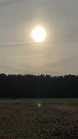 The video shows a sun low in the sky, possibly sunrise or sunset, casting a bright light. The sky is partly cloudy with some wispy clouds. Below the sky, there is a dark silhouette of a treeline. In the foreground, there is a field that appears to be recently harvested or plowed, with some dry grass and soil visible. There is a faint green lens flare visible in the lower middle of the frame. The camera appears to be static, capturing a landscape view. The overall impression is a quiet, natural scene.