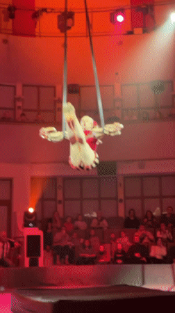 Female aerialist performs aerial routine in Moscow theater auditorium