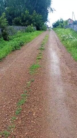 The video shows a dirt road with grass growing along the sides. There are trees and houses visible in the distance. The road appears to be in a rural setting. The video is shot from a moving perspective, suggesting the camera is attached to a vehicle or being carried by someone walking.