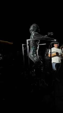 A person in a full sequined suit is standing on a platform. The suit is silver and covers the person from head to toe. The person is wearing a hood that obscures their face. The platform is made of metal and appears to be part of a larger structure. In the background, there are people standing in front of a building that is lit up with lights. There is also a pool of water in front of the building. The pool of water has glowing objects in it, which could be fish or other aquatic life. The overall scene appears to be a party or an event.