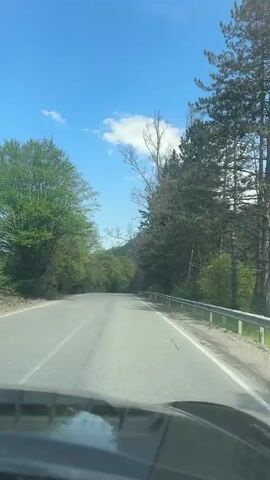 The video shows a car driving on a paved road through a forest. The sky is blue with some white clouds. On the left side of the road, there is lush green vegetation. On the right side of the road, there are taller trees, some with thicker trunks and darker green foliage. A gray guardrail runs along the side of the road. The view is from inside the car, looking out through the windshield. The car appears to be moving forward along a slight curve in the road.  There is audio of music playing in the background.