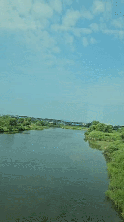 Calm river and green banks on a summer day in Pyeongtaek
