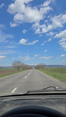 The video shows a first-person view from inside a vehicle driving on a straight, two-lane road.  The road has white lines marking the center. On either side of the road are rows of bare trees. Beyond the trees are fields, with a slight incline visible in the distance. The sky is blue with scattered white clouds. The dashboard and windshield of the vehicle are visible in the foreground. There are several vehicles driving in the same direction as the recording vehicle.