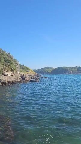 The video shows a body of water, likely the ocean, with a bright blue sky overhead. The water is calm with small ripples. On the left side of the frame, there's a rocky shoreline with some green vegetation. In the distance, across the water, are landmasses with green hills. The light suggests it is a sunny day. The camera is mostly still, offering a wide view of the scene.