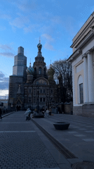 Evening street scenes documented near Saint Petersburg's iconic cathedral