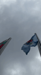 Flags wave on poles in overcast Sofia sky