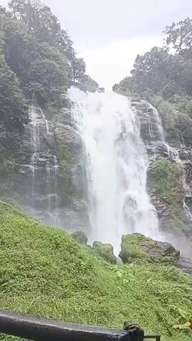 The video shows a waterfall cascading down a rocky cliff face surrounded by lush green vegetation and trees. The water is white and frothy as it plunges into the pool below, creating a misty spray. The scene is tranquil and serene, with the natural beauty of the waterfall and its surroundings being the sole focus.