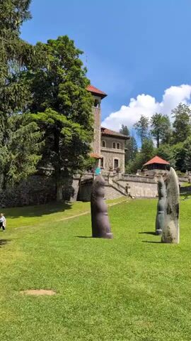 The video pans across a grassy hill with several large, abstract sculptures. In the background, a stone building with a red-tiled roof, resembling a castle or large house, is visible. Trees surround the building and the hill. The sky is blue with scattered clouds. The sculptures appear to be abstract, elongated forms, with one having a more organic, human-like shape. There is a small, dark-colored building nestled among the trees further up the hill. A framed image or sign is placed on the grass in the middle ground. The scene is set in a park-like environment on a sunny day.