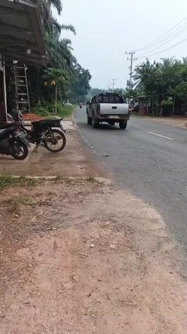 The video captures a roadside scene with a two-lane asphalt road in the background and a dirt path in the foreground. On the left side of the frame, there is a structure with a roof and a ladder leaning against it. Two motorcycles are parked next to the structure. A pickup truck is seen driving away from the camera on the road, followed by an SUV. Trees and palm trees line the right side of the road, and utility poles are visible in the distance. The sky is overcast, suggesting a cloudy day. The camera is positioned at a slightly elevated angle, looking towards the road.