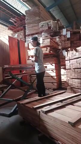 A person wearing a light-colored shirt, dark pants, and a dark cap stands on a stack of wooden planks. They are in a warehouse filled with stacks of wood. The person is leaning over a piece of equipment that appears to be a conveyor belt or a cutting table, with their hands resting on it. Two wooden doors are visible behind the person. The environment appears to be a wood mill or lumberyard, with various types of wood stacked high on shelves. The lighting is industrial, with overhead fluorescent lights.