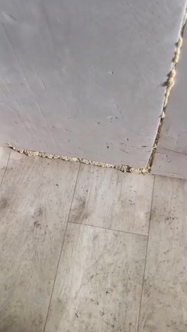 A close-up shot of a wall and floor intersection where expanding foam has been applied. The foam appears to be a light beige color and is applied along the seam between the wall and floor. The wall surface is textured and appears to be painted a light gray. The floor is made of light-colored wooden planks with visible scuff marks and dirt. The camera then pans slightly to the right, showing a vertical seam in the wall that also has some foam applied. The video then shifts focus to a blurry shot of what appears to be a door frame or another wall, with some darker wood tones visible. Finally, the video shows a wider view of a workshop or storage area. A large white panel, possibly insulation, is leaning against a wall on the left. A wooden table with various items on it, including tools, a bicycle, and containers, is positioned in the center of the frame. A dark cylindrical object, possibly a trash can, is located beneath the table. The background shows a metal wall and a bright light source, indicating an open doorway or window.