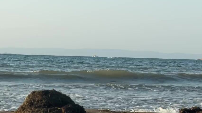 The video shows a seascape with a beach in the foreground and a coastline with hills in the background. The sea is a deep blue with gentle waves breaking on the shore. There is some seaweed and debris on the sand. In the distance, a small island or peninsula juts out into the sea, covered with vegetation. The sky is a pale blue with a few clouds. There are no people or animals visible in the video. The overall impression is one of a peaceful and natural coastal environment.