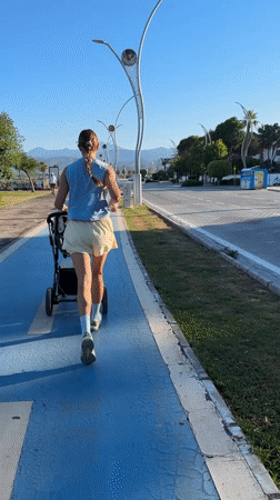 Jogging with a stroller along Fethiye's blue bike path