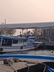 Boats and jumping at a Jakarta pier on a calm morning