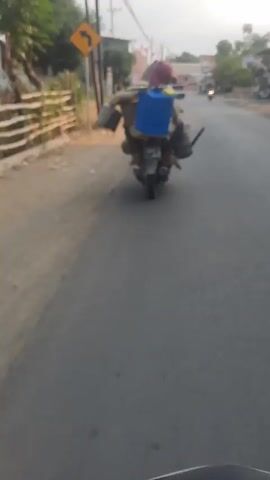 A person riding a motorcycle is captured from behind on a paved road. The motorcycle is heavily laden with various items. On the rear of the motorcycle, a large blue plastic container is strapped down. To the left of the blue container, a tan sack or bag is attached, and to its left, a grey bucket with a handle is hanging. To the right of the blue container, a long, dark object, possibly a pole or a tool, is extending backwards. The person riding the motorcycle is wearing a red head covering and appears to be wearing tan clothing. The road is flanked by a grassy area with some dry vegetation and a wooden fence on the left. In the background, there are houses and utility poles. A traffic sign with a yellow arrow pointing to the left is visible on a pole near the fence. Another motorcycle is seen further down the road in the distance. The sky is overcast, and the lighting suggests it is either early morning or late afternoon. The video is a screen recording from a mobile device, indicated by the touch controls visible at the bottom of the frame.