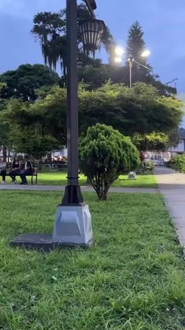 The video shows a park with a lamppost in the foreground. A paved walkway is to the right of the lamppost, bordered by grass. In the background, there are trees, benches, and some buildings. Two people are sitting on a bench in the left background. The sky is twilight.