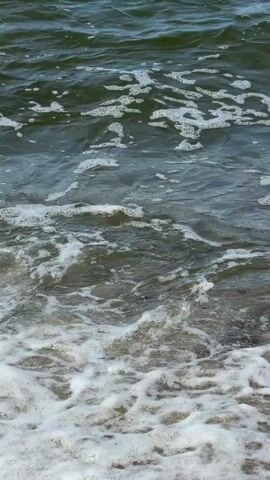 The video shows a close-up of waves gently lapping against a sandy shore. The water is a murky green color, and there are small white foam bubbles on the surface. The waves are not very large, and they create a soothing sound as they break. The sand is a light brown color, and it appears to be wet from the waves. The video is shot from a low angle, looking out at the water.