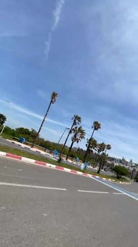 The camera, at a low angle, pans across a sunny coastal cityscape in a tropical or semi-tropical locale. A paved road with white and blue painted lanes curves to the right of the frame. Along the roadside, a line of tall palm trees stand against a bright blue sky with wispy clouds. Behind the palms, a red and white striped barrier separates the road from a green area with low vegetation. In the distance, white buildings are visible, interspersed with more palm trees, creating a coastal town skyline. Several vehicles move along the road, and pedestrians can be seen in the background. A tall, thin utility pole is also visible. The overall impression is that of a bright, sunny day in a coastal urban area.