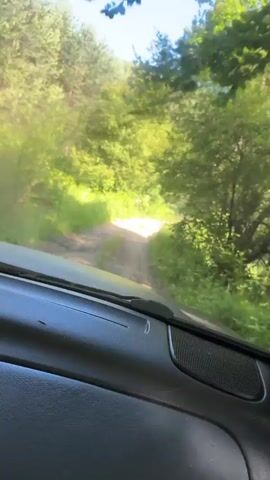 This video shows the interior of a vehicle driving on a dirt road through a forest. The view is from the driver's perspective, looking out the windshield and side window. The road is unpaved and appears to be in a rural or natural setting. Lush green trees and vegetation line both sides of the road. The sun is shining, casting light on the road and foliage. The vehicle's dashboard is visible in the foreground. The road ahead curves slightly to the right. The overall impression is of a scenic drive through a wooded area.