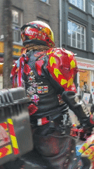 Decorated motorcycle spotted on London brick road