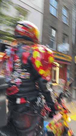 Decorated motorcycle spotted on London brick road