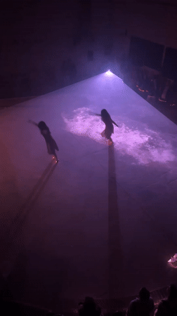 Two dancers perform in purple spotlight on Berlin square