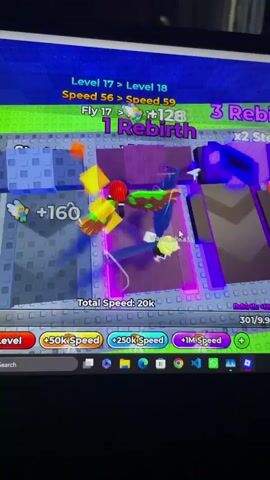 The video shows a screen displaying a game interface. The game appears to be a Roblox game based on the visual style and elements like "Level," "Speed," and "Rebirth." The top of the screen shows progress from Level 17 to Level 18, and from Speed 56 to Speed 59. It also indicates flying from 17 to 18 and mentions "1 Rebirth." Below this, the main game area shows several player avatars. One avatar, wearing a yellow shirt and red shorts, is in the foreground, seemingly interacting with game elements. Another avatar, with blonde hair and a black and yellow outfit, is also visible. The environment is colorful and geometric, with platforms and obstacles. At the bottom of the screen, there are buttons related to game upgrades, such as "+50K SPEED," "+250K SPEED," and "+1M SPEED." The game interface also shows "Total Speed: 20K" and some numbers related to resources or currency. The overall scene depicts an active gaming session within a virtual environment.