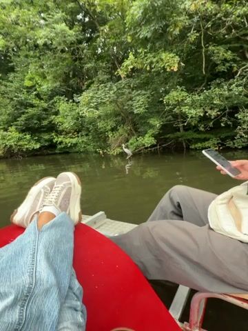 The video shows two people in a boat on a body of water, with a heron standing on a submerged log in the background. The person on the left is wearing blue jeans and beige sneakers, and the person on the right is wearing grey pants and white sneakers and holding a smartphone. The water is calm and surrounded by lush green trees. The heron is a large, grey bird with a long neck and legs. The camera focuses on the heron, showing it in detail as it stands on the log. The sound of water and ambient nature is audible.