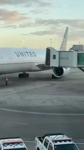 The video shows an airport tarmac with several commercial airplanes. A United Airlines plane is at a jet bridge, and a vehicle is connected to its front. Other planes are visible in the background, including an American Airlines plane. Airport service vehicles are also present. The sky is overcast. The planes are stationary, and airport workers can be seen near the planes. The tarmac appears wet. The video seems to be taken from inside the airport terminal, behind a window.