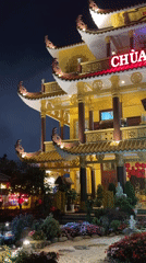 Nighttime religious sites and restaurants documented in Da Lat, Vietnam