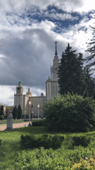 Moscow State University building filmed under cloudy skies