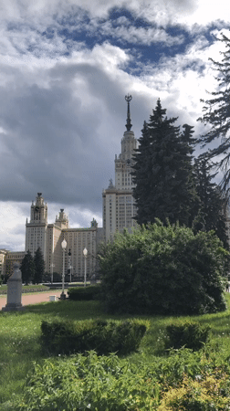 Moscow State University building filmed under cloudy skies