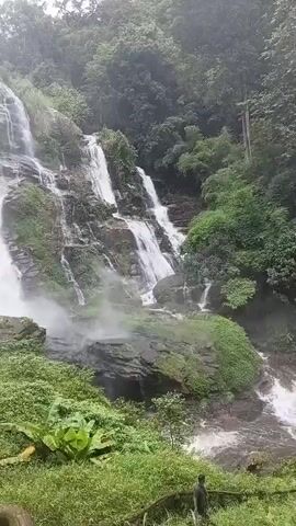 A powerful, multi-tiered waterfall cascades down a rocky cliff face surrounded by lush green foliage. The water crashes into a pool at the bottom, creating a misty spray. The scene is framed by dense trees and a cloudy sky.