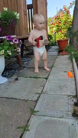 A toddler wearing only a diaper stands on a stone path in a garden. The toddler is holding a red toy watering can in their right hand and a small brown object, possibly a stone, in their left hand. The toddler is looking down at the objects. In the background, there is a wooden structure, a basket of flowers, and rose bushes. The path is lined with potted plants and a white wooden border. An orange toy is visible on the path further down.
