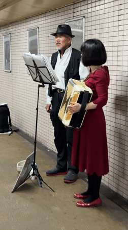 Street musicians and local commerce captured in Osaka