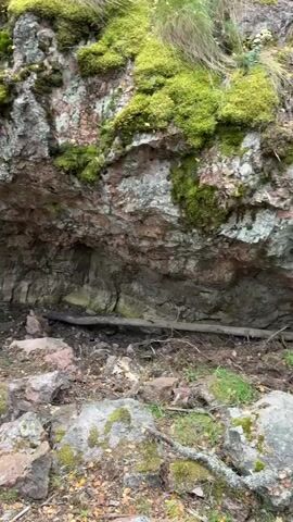 The video shows a natural landscape with a large rock formation that has an opening resembling a cave or an overhang. The rock face is rough and textured, with patches of green moss growing on it. The ground in front of the rock is covered with smaller rocks, dirt, and some dry leaves and twigs. A narrow path or trail is visible leading towards the opening. Inside the opening, there appears to be a dark, possibly wet area, with some branches and debris. The surrounding vegetation includes green grass, some low-lying plants, and trees in the background, suggesting an outdoor, possibly wooded environment. The lighting suggests an overcast day. There are no people or animals visible in the video. The camera is moving slowly, panning across the scene.
