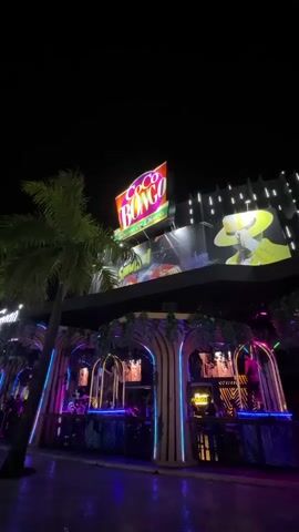 The video shows an exterior view of Coco Bongo, a show and disco venue at night. The building is lit with neon lights, and there is a large palm tree to the left of the frame. A large sign displaying the Coco Bongo logo is seen on the top of the building. The venue has a bar area with arched entrances illuminated with neon lights. There are people sitting at the bar. The atmosphere is lively with music playing. The ground appears to be wet, possibly from a recent rain.