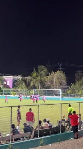 A night-time outdoor scene shows a soccer game in progress on a well-lit green turf field. Approximately 10-12 players wearing pink jerseys are clustered near a white goalpost in the middle background, while a few players in black jerseys are also on the field, one standing further to the left. In the foreground, separated by a green chain-link fence, a group of spectators is visible. Some are seated on benches facing the field, and others are standing. Two men, one in a red shirt and another in a yellow-green shirt, are standing on the far right. Beyond the field, buildings and palm trees are silhouetted against a dark sky. The entire scene is brightly illuminated by artificial lights, suggesting a stadium or well-equipped field. The camera remains stationary throughout the shot.