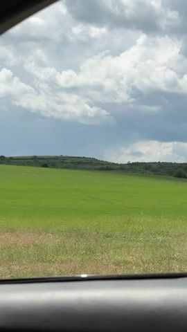 The video shows a green field viewed from inside a vehicle. The field slopes slightly upwards towards a treeline. Above the field, there are large, white clouds in a graying sky. A thin, dark object, likely a post, is visible in the near part of the field.