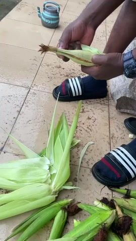 The video shows a close-up of a person's hands peeling the husk off an ear of corn. The person is wearing a black watch on their left wrist and a blue sock with white stripes on their right foot, along with a black sandal with white stripes. In the background, there is a teal and blue teapot, a pile of corn husks, and more ears of corn on a tiled surface. The ground appears to be wet. The action is focused on the meticulous removal of the corn's outer layers.