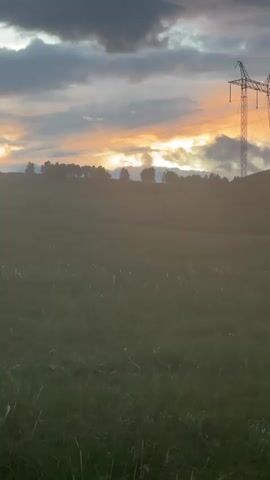 The video is a horizontal pan of a grassy field with rolling hills in the background. A large transmission tower with power lines stands prominently on the left side of the frame, silhouetted against a dramatic sky with streaks of orange and yellow from a sunset. The sky is partly cloudy with darker clouds gathering at the top. In the distance, along the crest of the hills, a line of trees is visible, also silhouetted. The field in the foreground is lush green, with some taller blades of grass catching the light. The overall impression is of a rural, somewhat wild landscape at dusk.