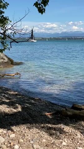 The video shows a view of a body of water, likely a lake, on a clear day. The water is blue and clear, with sunlight reflecting off its surface. In the distance, there is a sailboat with a black sail. Mountains can be seen in the background. The foreground is a rocky shore with some vegetation and shadows. The camera is focused on the water and the sailboat.