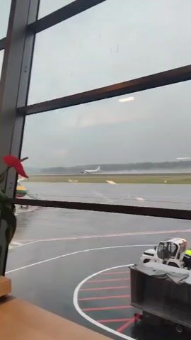 A person in an airport watches through a large window as a plane takes off in the rain. The window shows the runway, a red flower plant on a wooden counter, and another plane partly visible at the left.