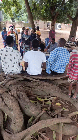 Outdoor community gathering under the trees in Akwanga